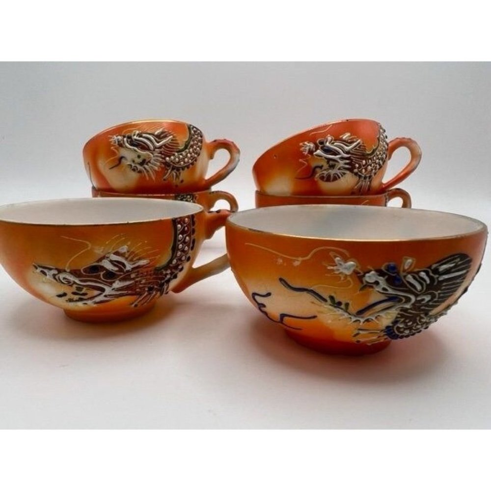 Vintage Dragonware Demitasse Teacups, Orange Hues, Moriage